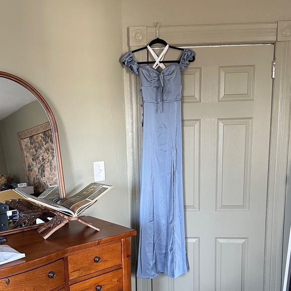 Azazie A-Line Off the Shoulder Stretch Satin Floor-Length Dress Dusty Blue - Picture 5 of 6